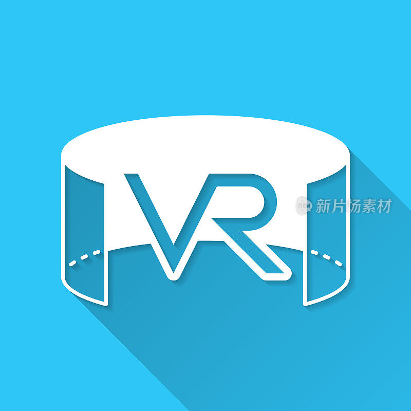 VR -虚拟现实。图标在蓝色背景-平面设计与长阴影